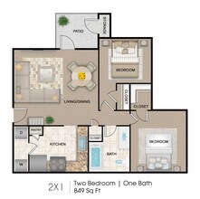 2 Bedroom, 1 Bath 10-1015 floor plan
